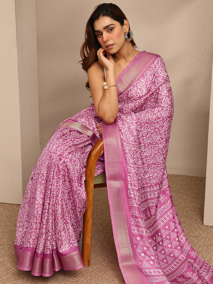 Pink Printed Silk Blend Saree With Unstitched Blouse Piece