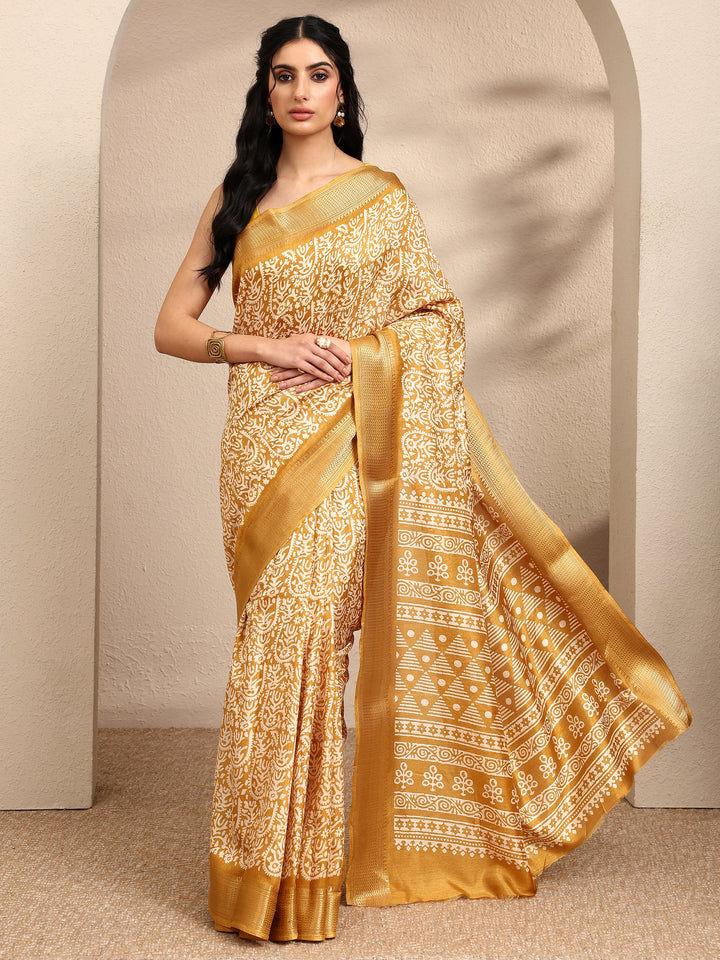 Mustard Printed Silk Blend Saree With Unstitched Blouse Piece