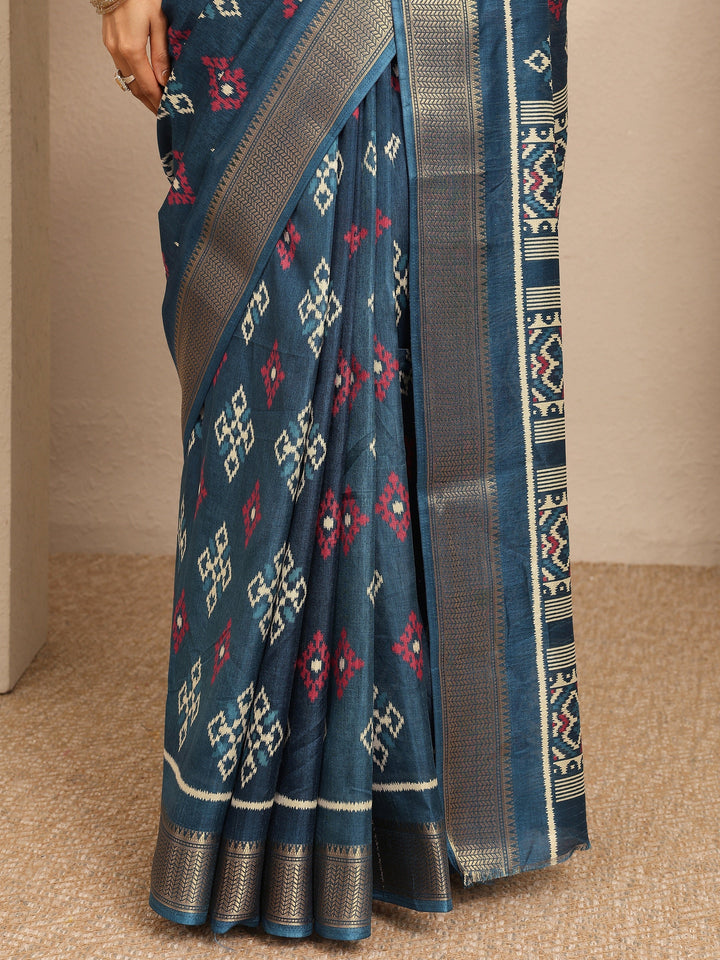Teal Ikkat Printed Silk Blend Saree With Unstitched Blouse Piece