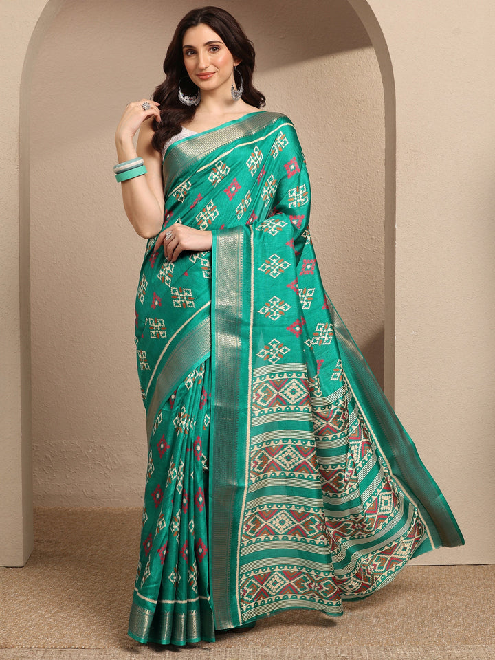 Green Ikkat Printed Silk Blend Saree With Unstitched Blouse Piece