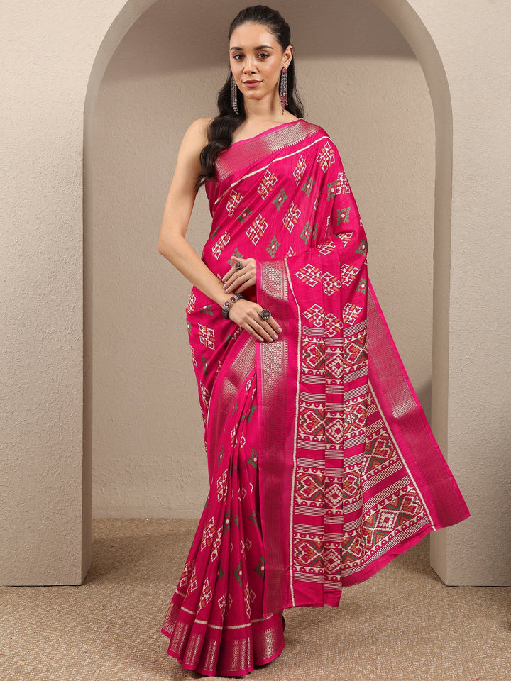 Pink Ikkat Printed Silk Blend Saree With Unstitched Blouse Piece
