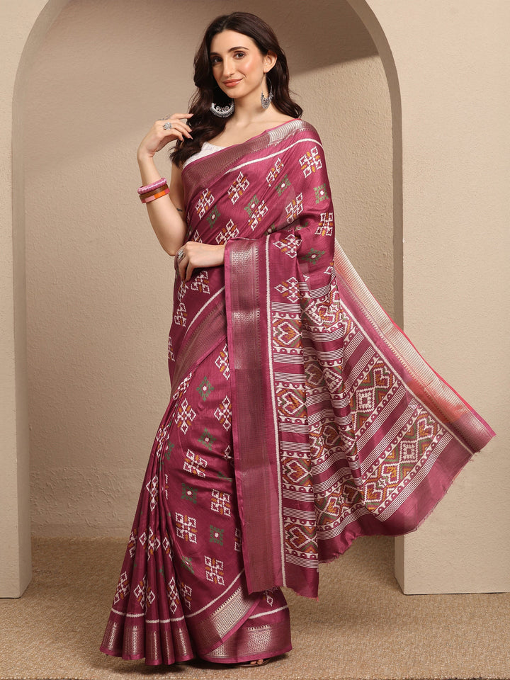 Burgundy  Printed Silk Blend Saree With Unstitched Blouse Piece