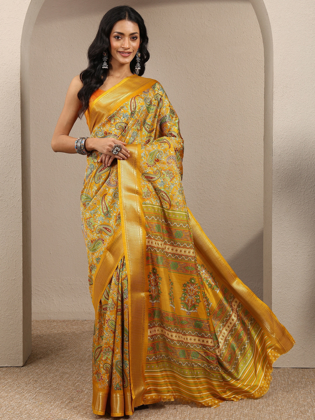 Mustard Paisley Printed Silk Blend Saree With Unstitched Blouse Piece