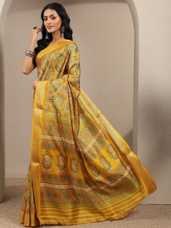 Mustard Paisley Printed Silk Blend Saree With Unstitched Blouse Piece