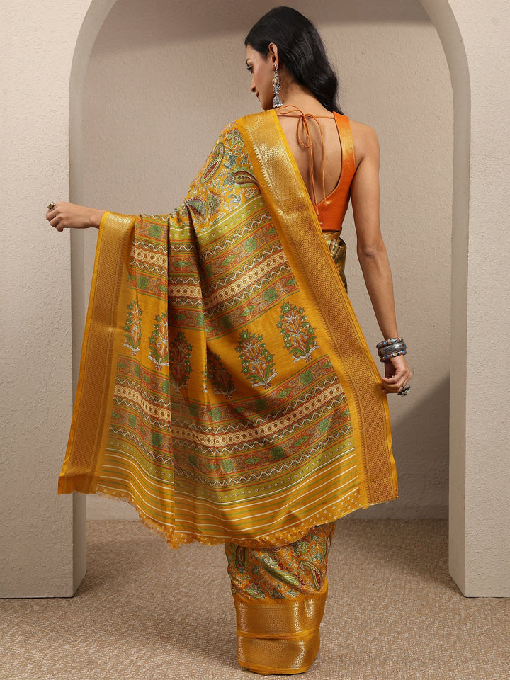 Mustard Paisley Printed Silk Blend Saree With Unstitched Blouse Piece