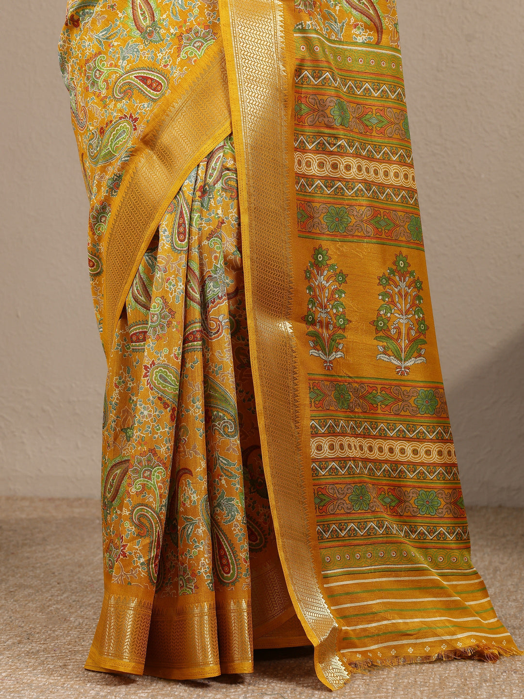 Mustard Paisley Printed Silk Blend Saree With Unstitched Blouse Piece