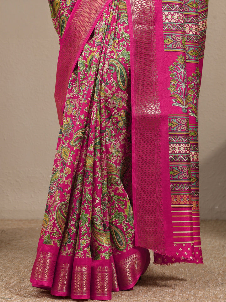 Pink Paisley Printed Silk Blend Saree With Unstitched Blouse Piece