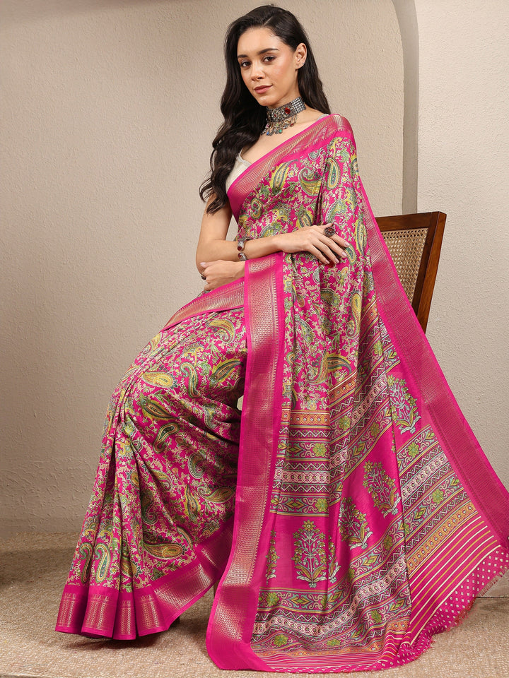 Pink Paisley Printed Silk Blend Saree With Unstitched Blouse Piece