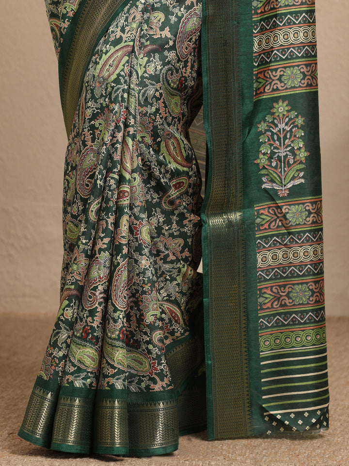 Green Paisley Printed Silk Blend Saree With Unstitched Blouse Piece