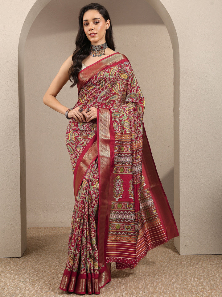 Brown Paisley Printed Silk Blend Saree With Unstitched Blouse Piece