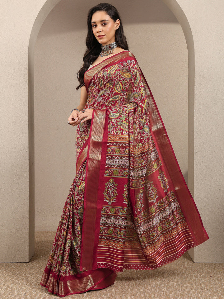 Brown Paisley Printed Silk Blend Saree With Unstitched Blouse Piece