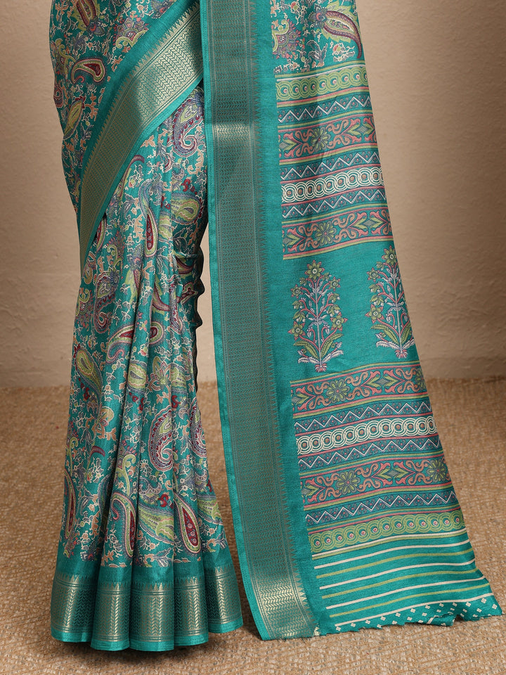 Green Paisley Printed Silk Blend Saree With Unstitched Blouse Piece