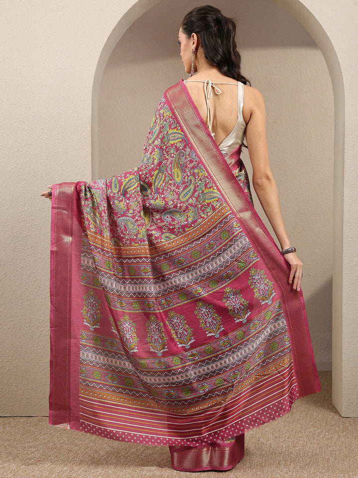 Pink Paisley Printed Silk Blend Saree With Unstitched Blouse Piece