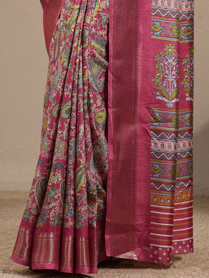 Pink Paisley Printed Silk Blend Saree With Unstitched Blouse Piece
