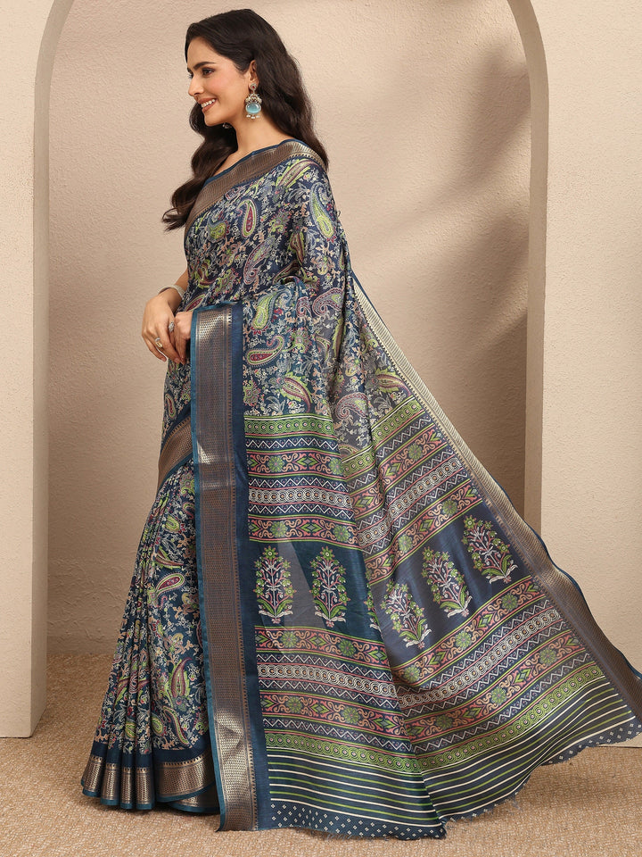 Navy Blue Paisley Printed Silk Blend Saree With Unstitched Blouse Piece