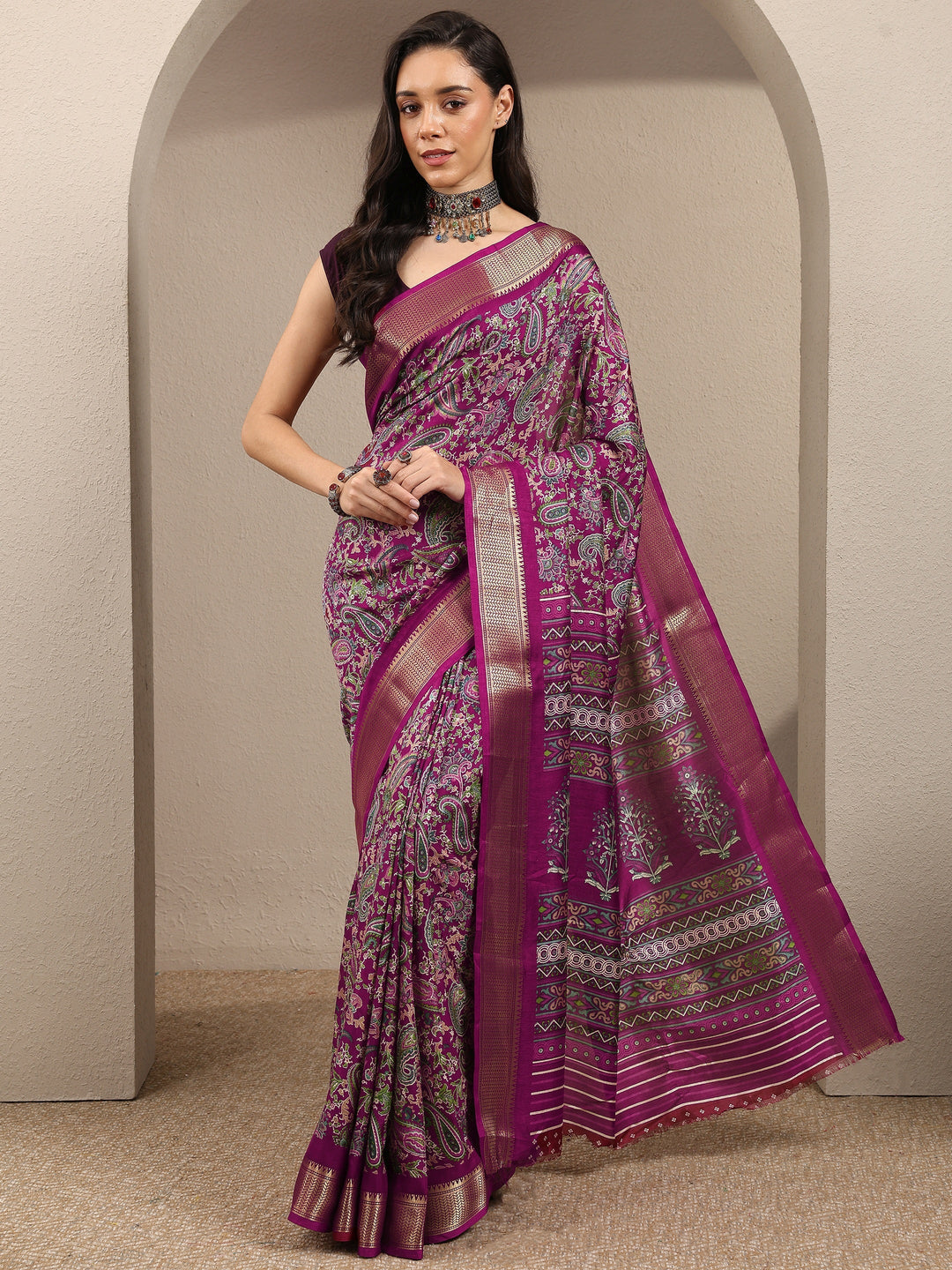 Burgundy Paisley Printed Silk Blend Saree With Unstitched Blouse Piece