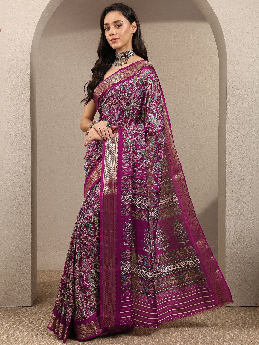 Burgundy Paisley Printed Silk Blend Saree With Unstitched Blouse Piece