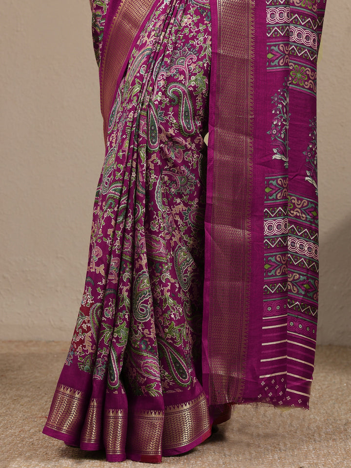 Burgundy Paisley Printed Silk Blend Saree With Unstitched Blouse Piece