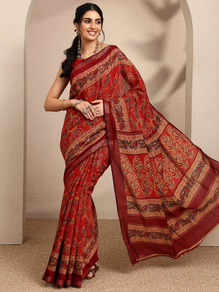 Brown Paisley Printed Silk Blend Saree With Unstitched Blouse Piece