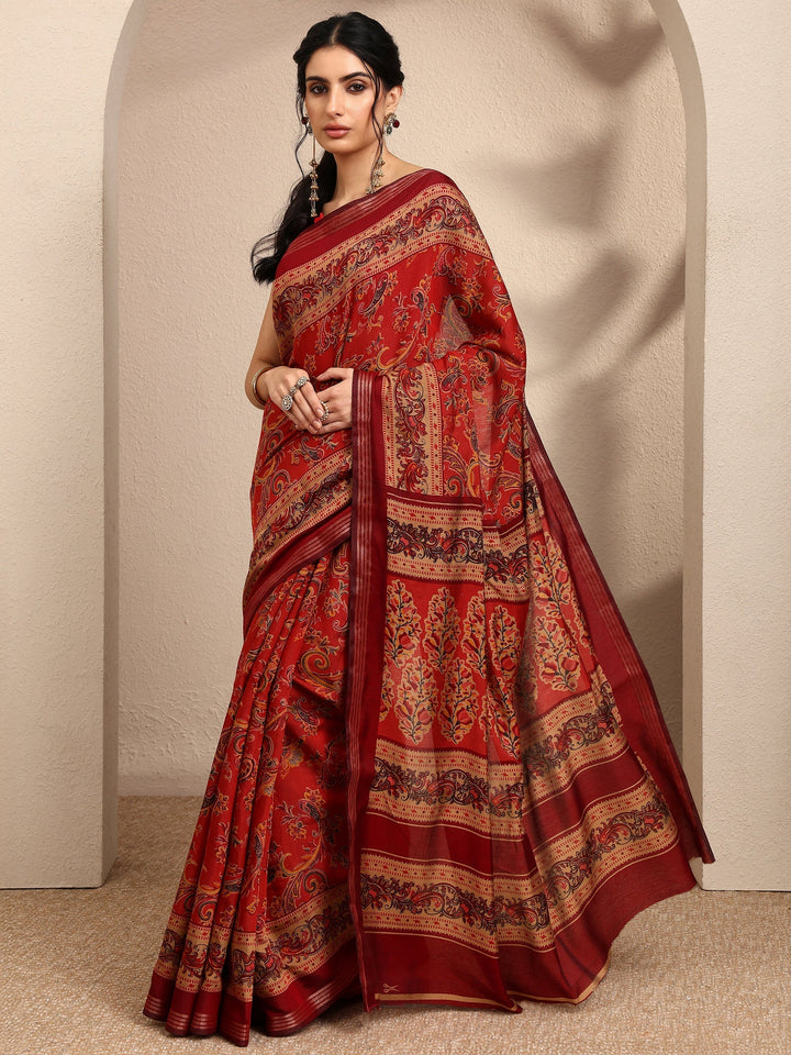 Brown Paisley Printed Silk Blend Saree With Unstitched Blouse Piece