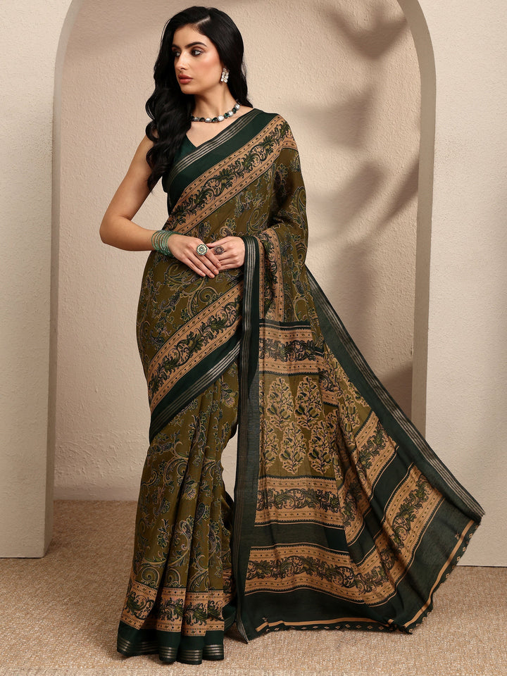 Green Paisley Printed Silk Blend Saree With Unstitched Blouse Piece