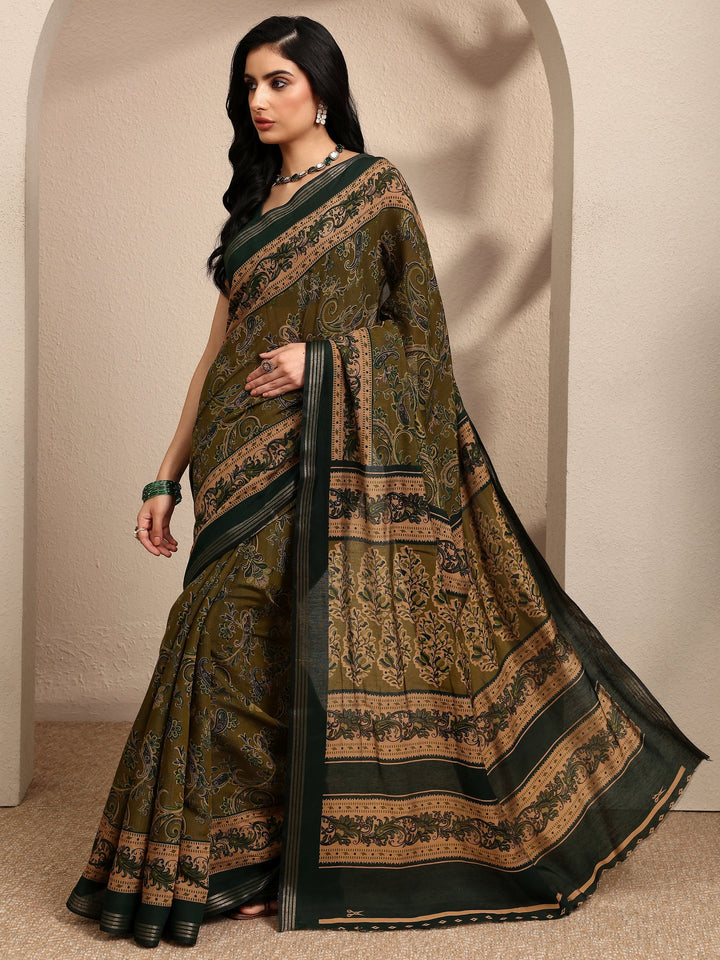 Green Paisley Printed Silk Blend Saree With Unstitched Blouse Piece