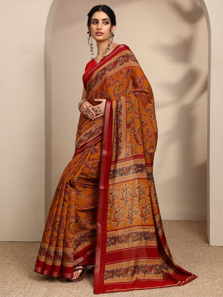 Mustard Paisley Printed Silk Blend Saree With Unstitched Blouse Piece