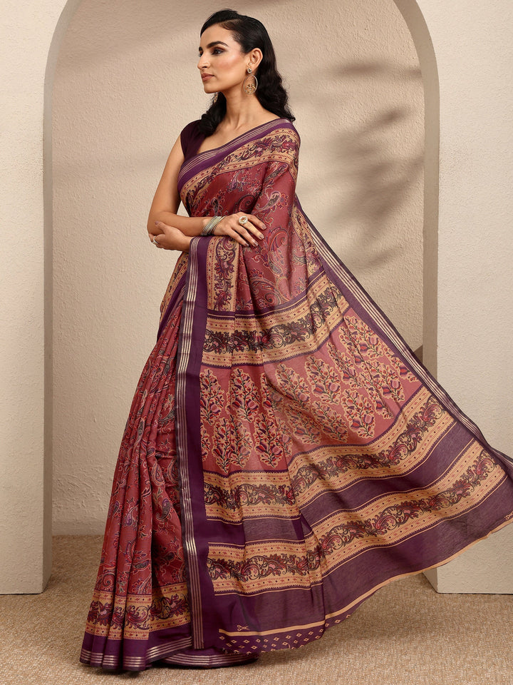 Brown Paisley Printed Silk Blend Saree With Unstitched Blouse Piece