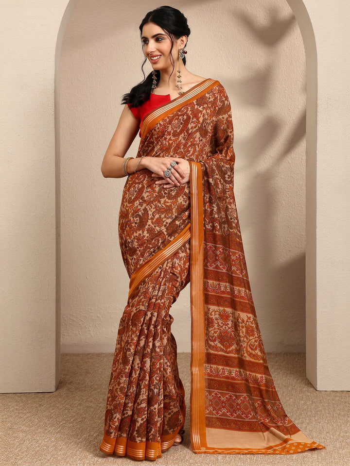 Brown Paisley Printed Silk Blend Saree With Unstitched Blouse Piece