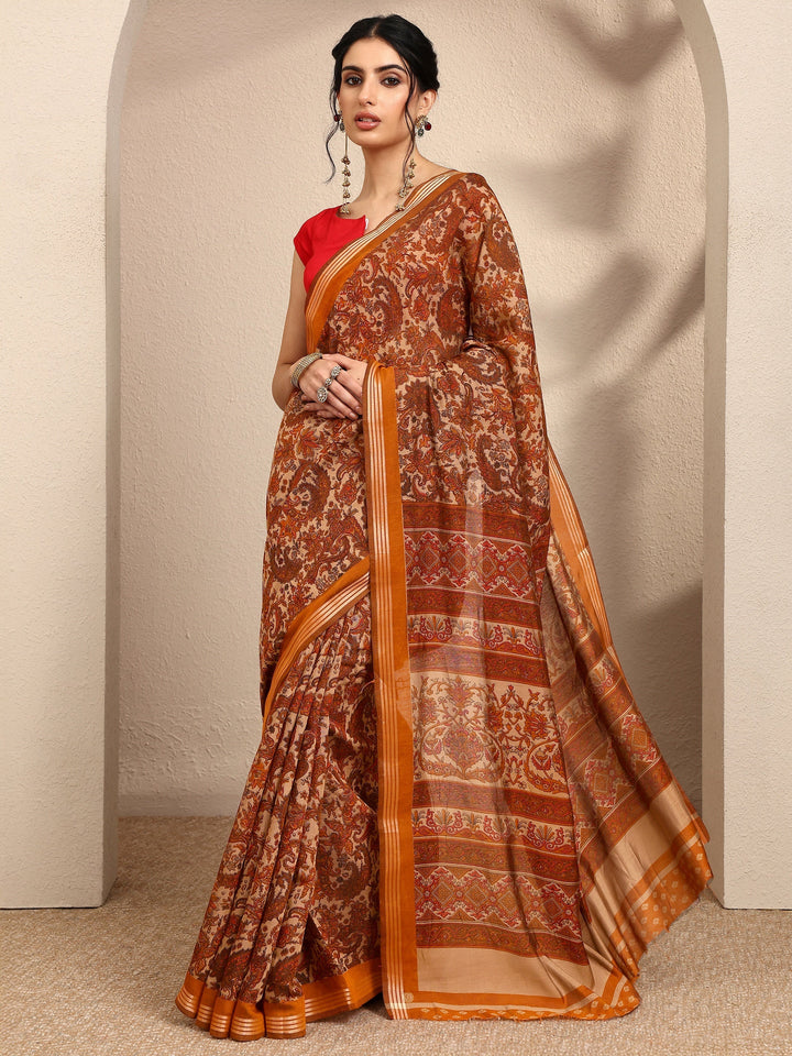 Brown Paisley Printed Silk Blend Saree With Unstitched Blouse Piece