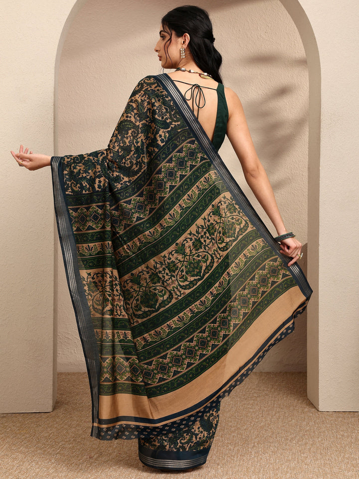 Blue Paisley Printed Silk Blend Saree With Unstitched Blouse Piece