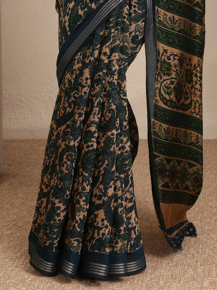 Blue Paisley Printed Silk Blend Saree With Unstitched Blouse Piece