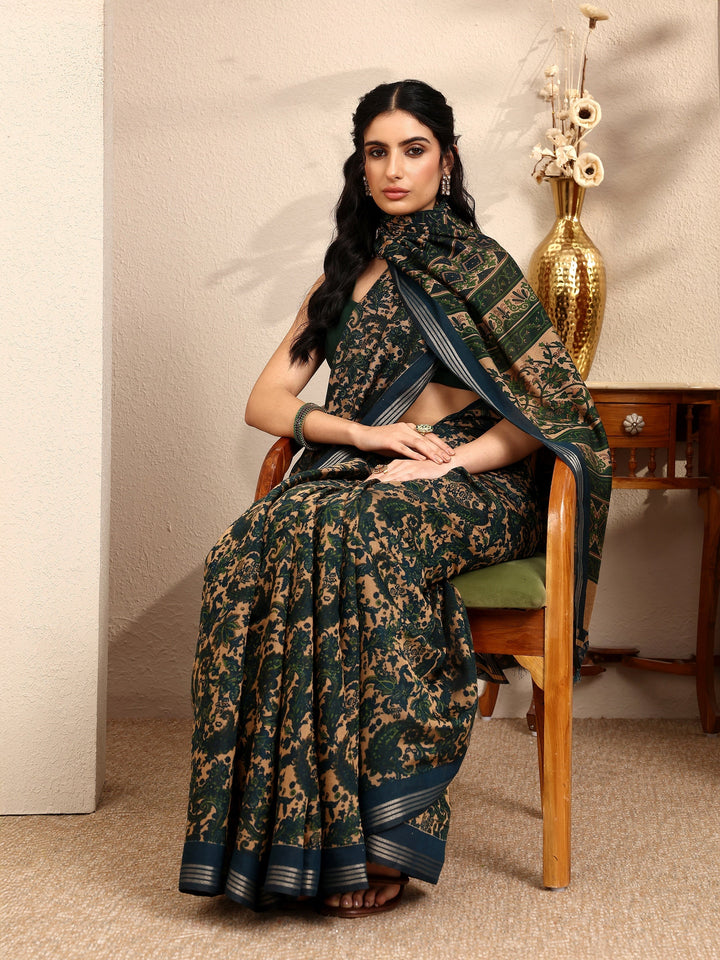 Blue Paisley Printed Silk Blend Saree With Unstitched Blouse Piece