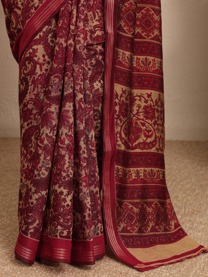 Red Paisley Printed Silk Blend Saree With Unstitched Blouse Piece