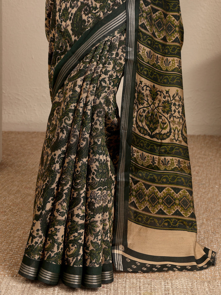 Green Paisley Printed Silk Blend Saree With Unstitched Blouse Piece