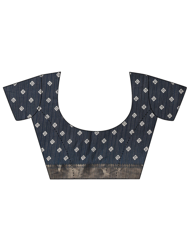 Navy Blue Geometric Printed Silk Blend Saree With Unstitched Blouse Piece