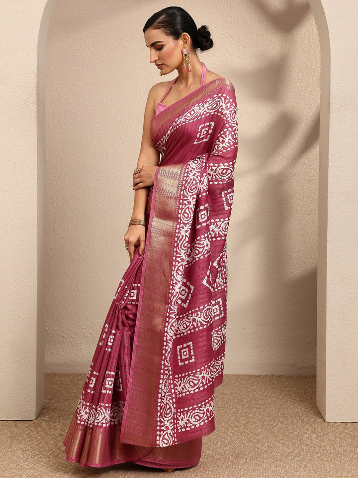 Mauve Geometric Printed Silk Blend Saree With Unstitched Blouse Piece