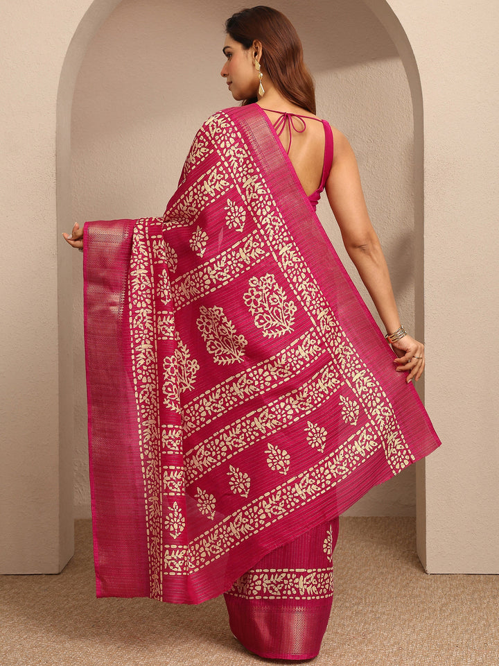 Pink Printed Silk Blend Saree With Unstitched Blouse Piece