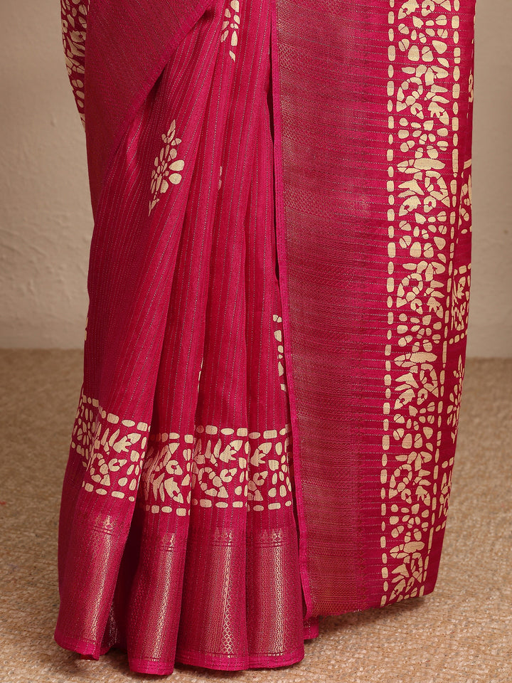 Pink Printed Silk Blend Saree With Unstitched Blouse Piece