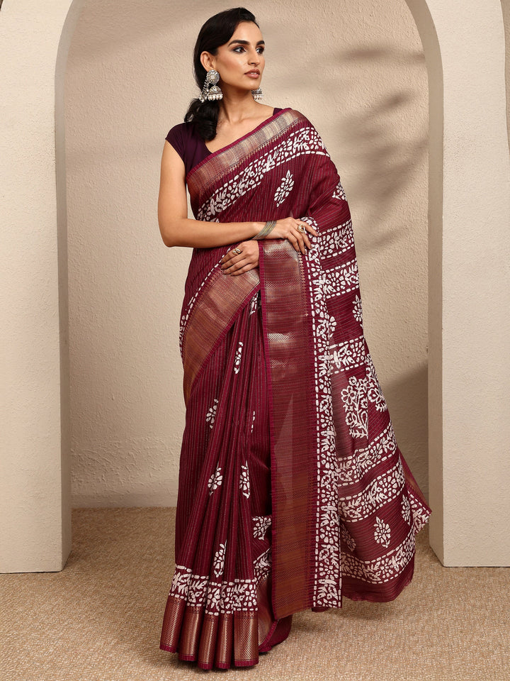Burgundy Printed Silk Blend Saree With Unstitched Blouse Piece