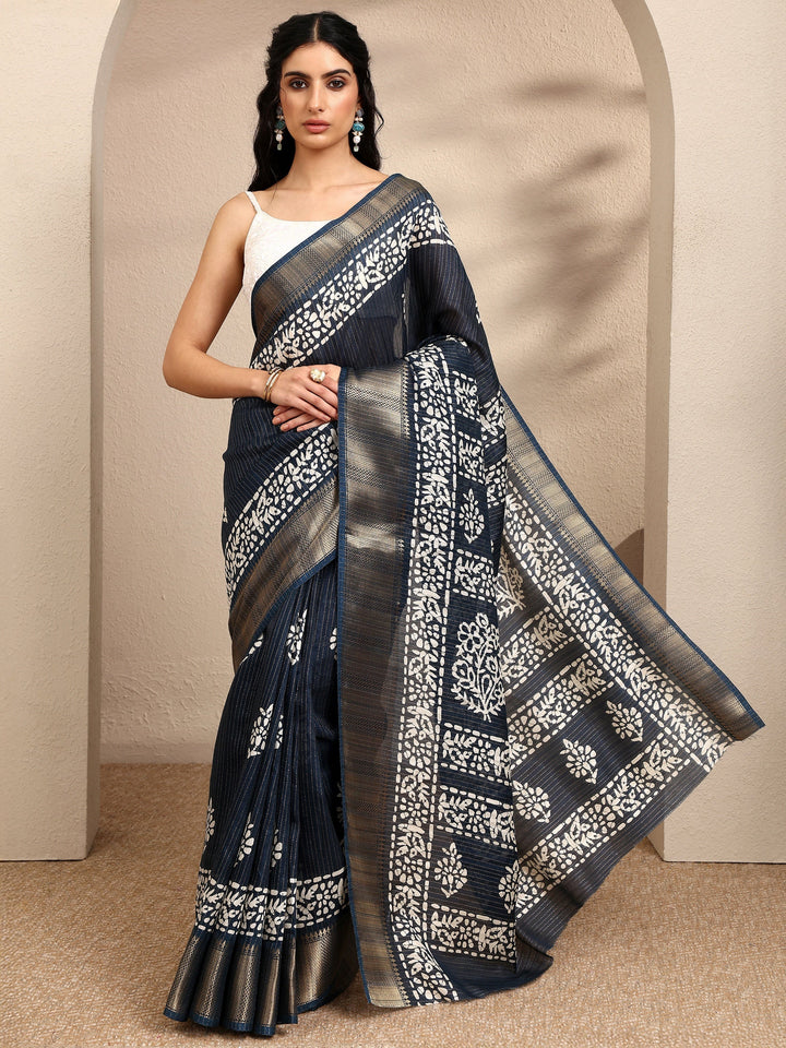 Navy Blue Printed Silk Blend Saree With Unstitched Blouse Piece