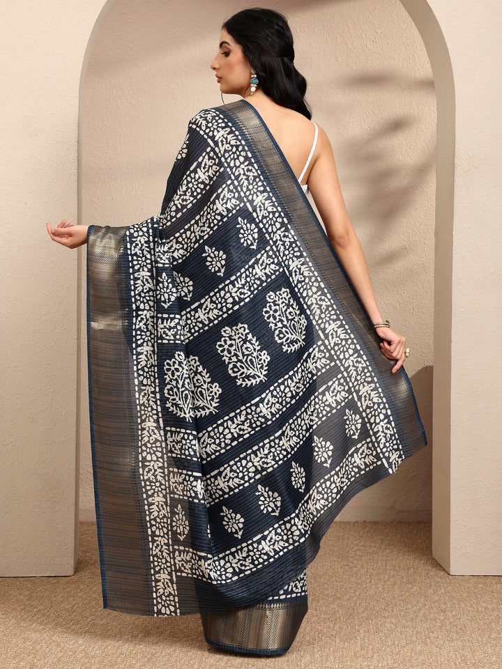 Navy Blue Printed Silk Blend Saree With Unstitched Blouse Piece