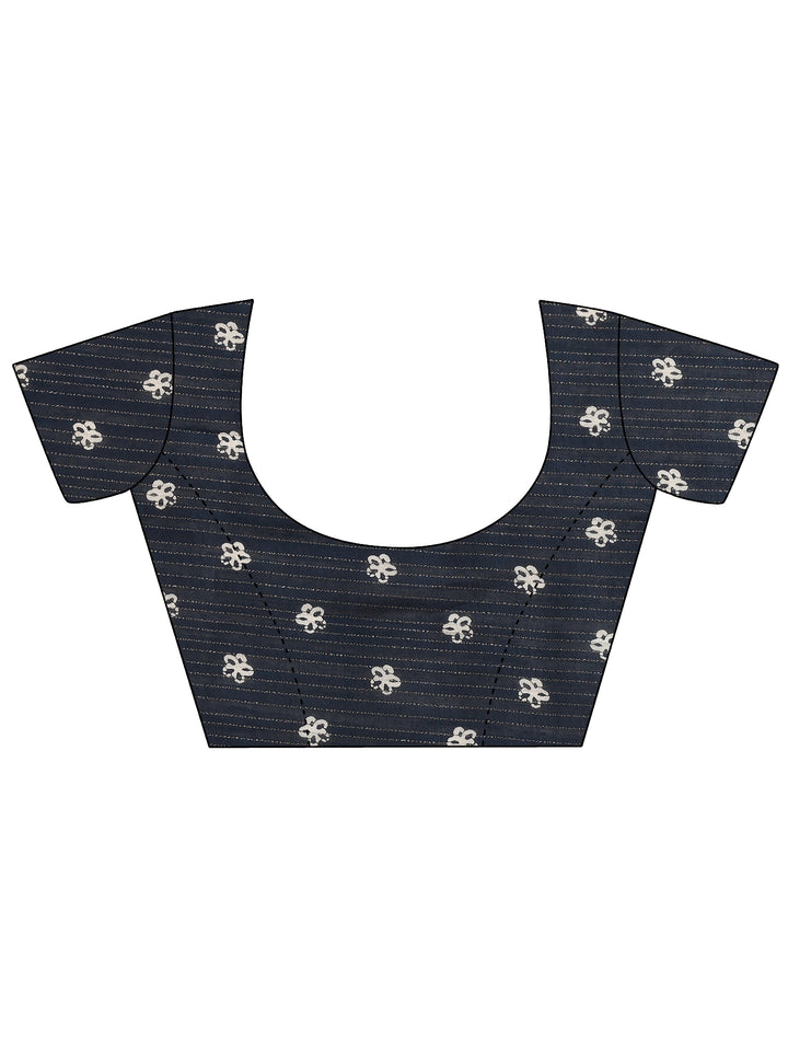 Navy Blue Printed Silk Blend Saree With Unstitched Blouse Piece