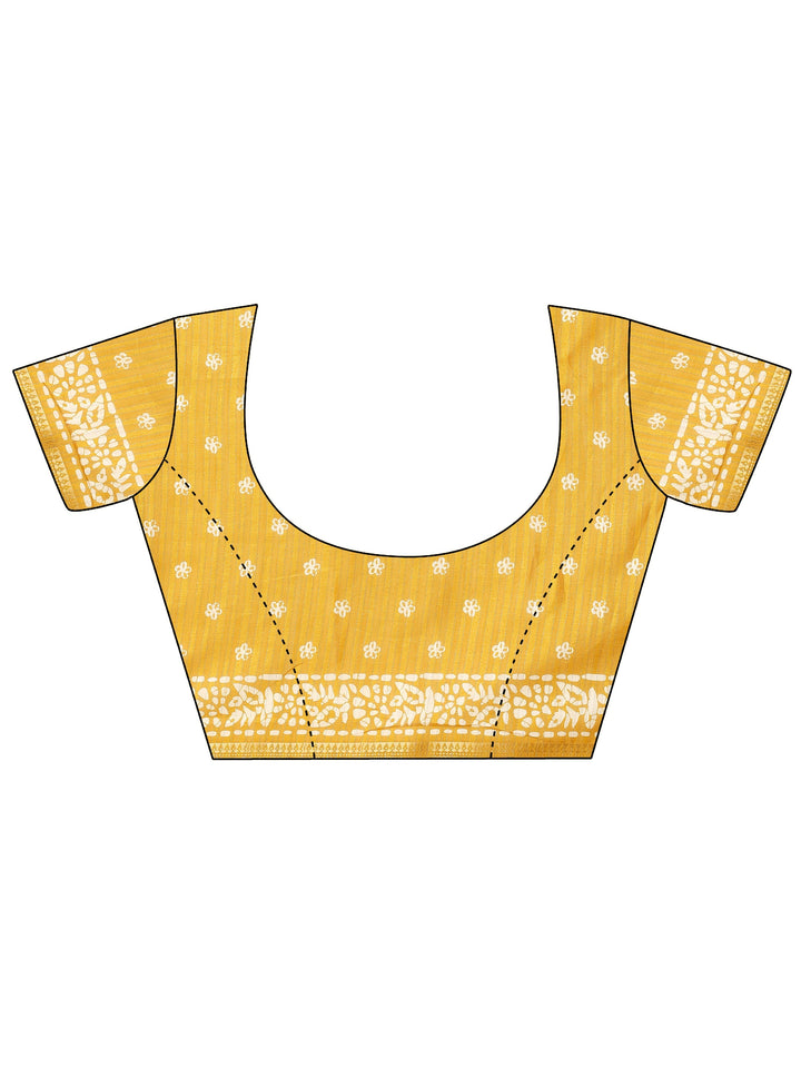 Mustard Printed Silk Blend Saree With Unstitched Blouse Piece