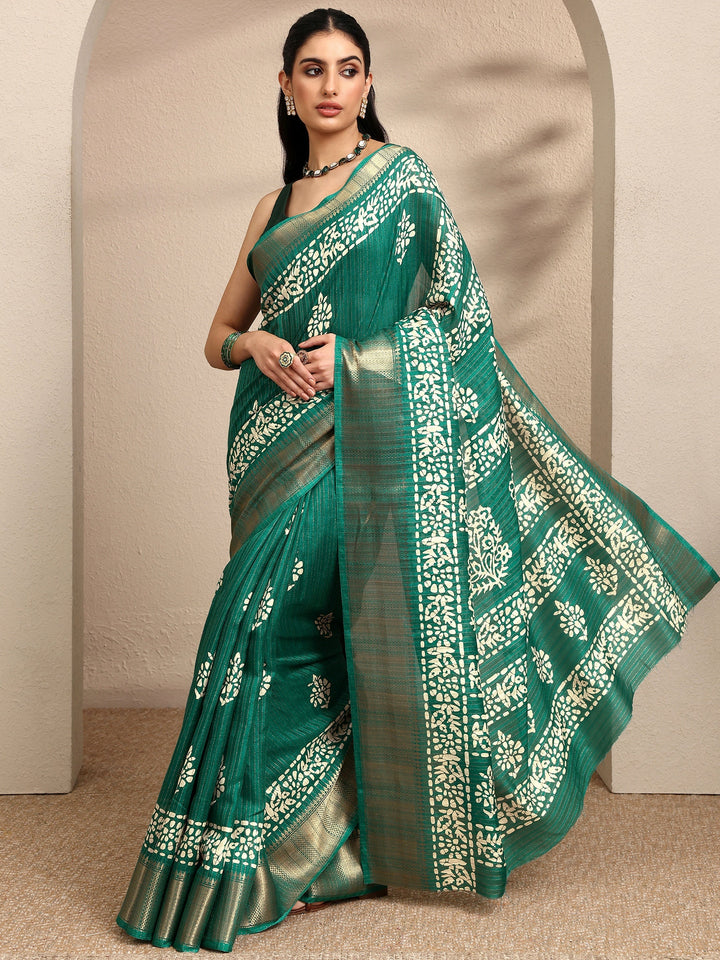 Green Printed Silk Blend Saree With Unstitched Blouse Piece