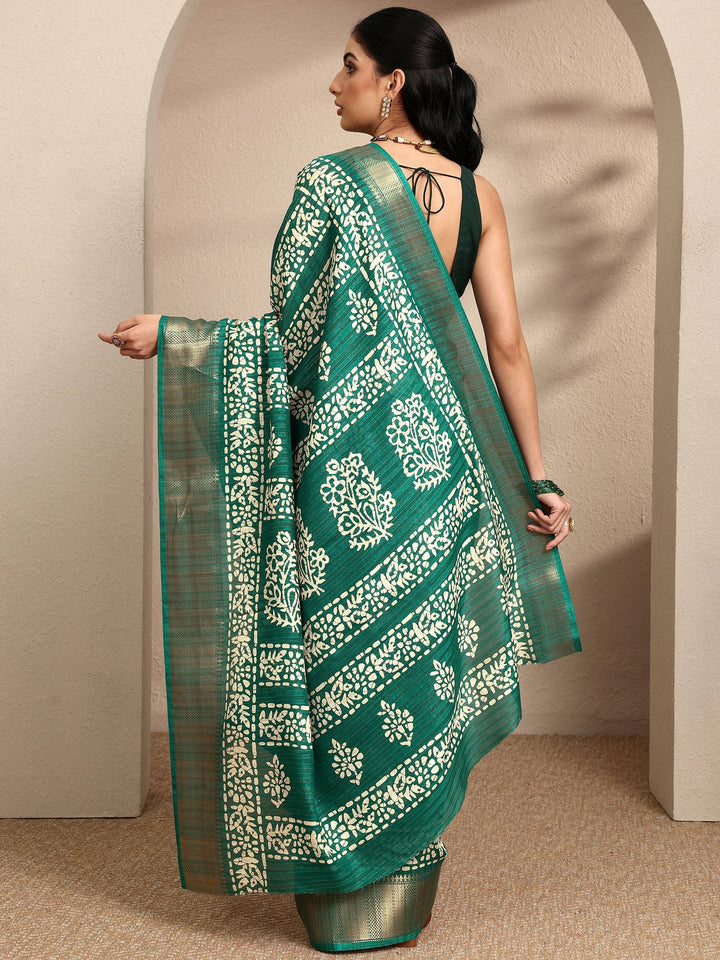 Green Printed Silk Blend Saree With Unstitched Blouse Piece