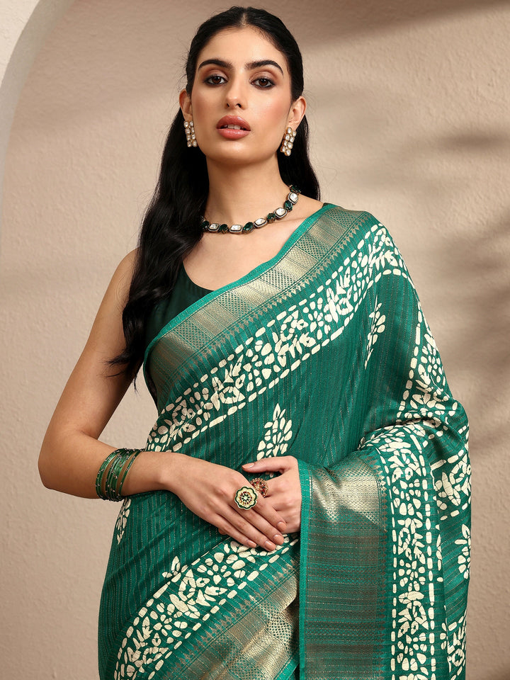 Green Printed Silk Blend Saree With Unstitched Blouse Piece