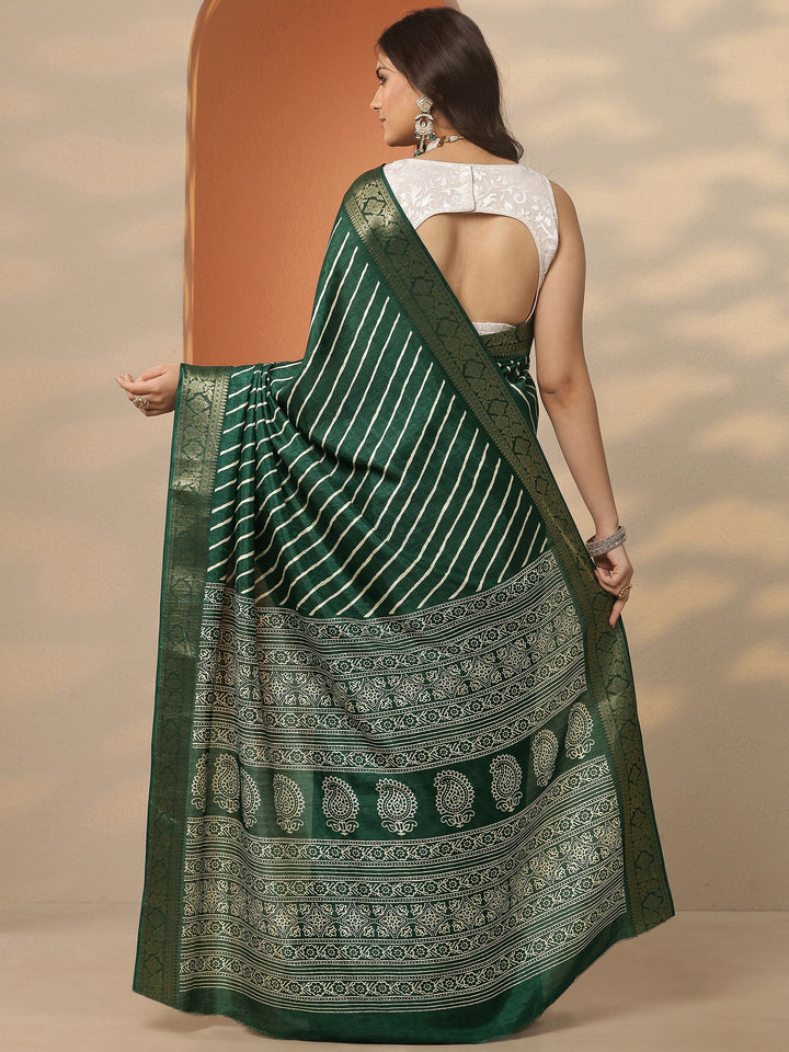 Green Leheriya Printed Silk Blend Saree With Unstitched Blouse Piece