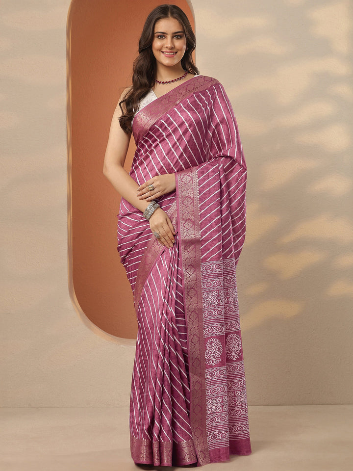 Pink Leheriya Printed Silk Blend Saree With Unstitched Blouse Piece