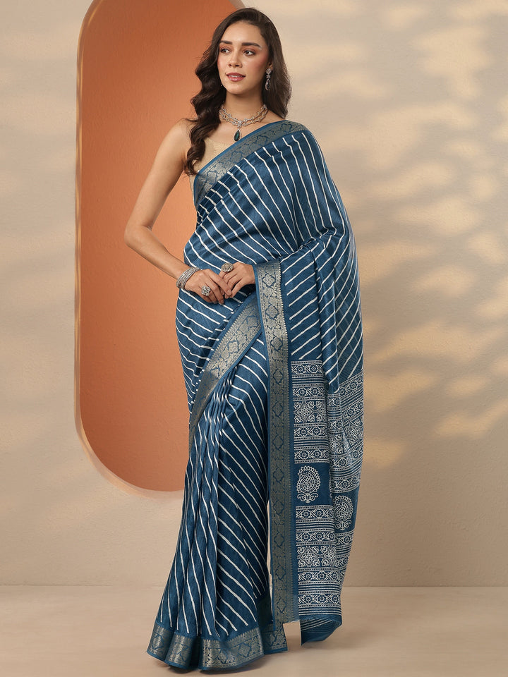 Navy blue Leheriya Printed Silk Blend Saree With Unstitched Blouse Piece